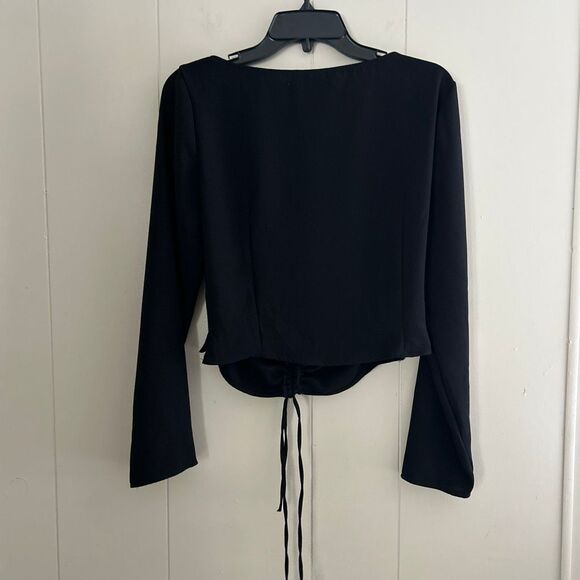 ZARA Black Ruched Tie-Front Long Sleeve Crop Top | Adjustable Drawstring | Size - Picture 2 of 7